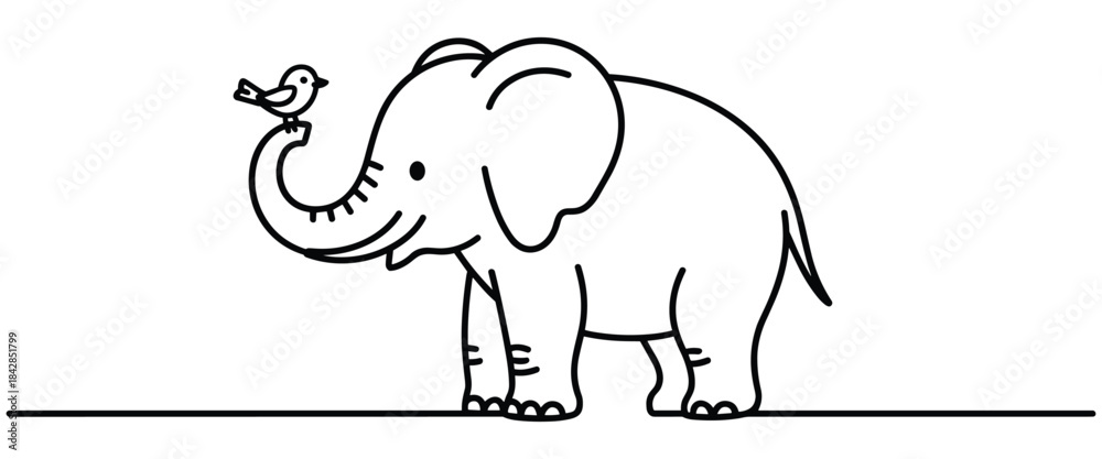 Fototapeta premium Cute Elephant Line Art Vector with Bird Showing Friendship, Nature and Playful Mood