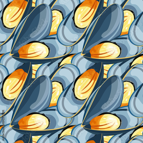 Seamless pattern with mussels in a shell, seafood theme, hand drawn, clean vector illustration, delicate lines, simple and modern design, isolated on white background, vector
