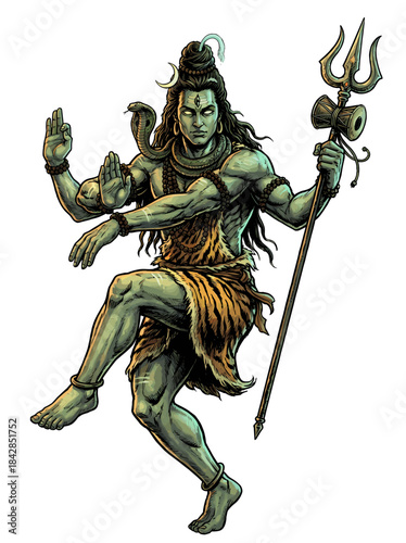 Illustration of a green-skinned Hindu deity dancing with a trident in hand against a white background.