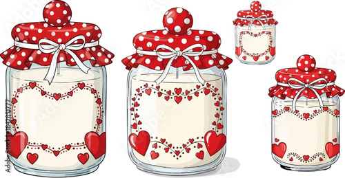 Set of three charming glass jars with red polka dot fabric lids perfect for valentines gifts