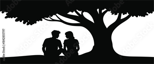 Couple Sitting Under Tree Silhouette Vector Showing Love, Romance and Peaceful Nature Scene