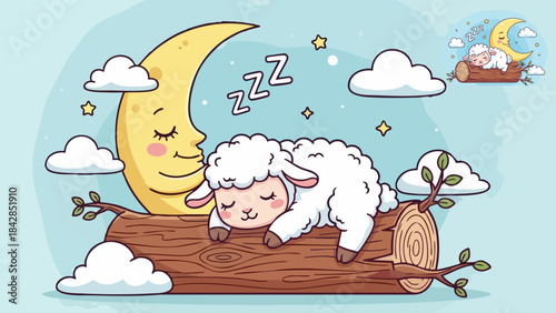Adorable cartoon sheep peacefully sleeping on a log under a crescent moon in the night sky