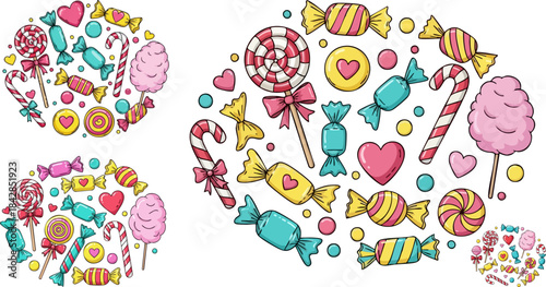 Assortment of colorful sweet candies and lollipops arranged in decorative circular patterns on black