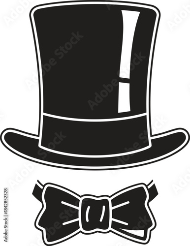 Classic top hat and bow tie elegant gentleman formal wear accessory icons symbols silhouette vintage style retro fashion accessory design elements isolated on white background