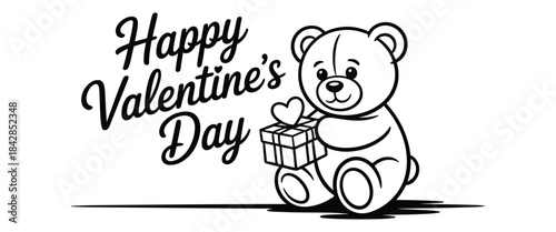 Cute Teddy Bear with Gift Vector and Happy Valentines Day Text for Kids Romantic Design