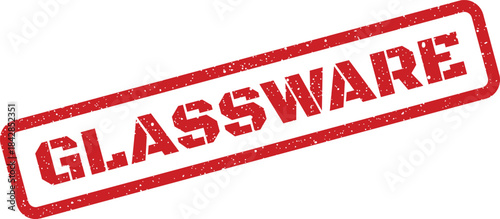 Distressed red rubber stamp featuring the word glassware, useful for identifying specific delicate household or lab items