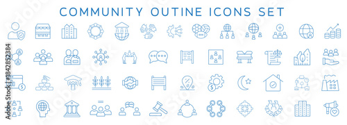lA modern set of community and social group line icons featuring teamwork, charity, support, networking, education, global community, and corporate collaboration elements.