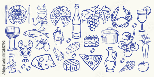 A hand-drawn food and drink illustration set featuring wine, seafood, pasta, pizza, cheese, bread, desserts, fruits, and gourmet kitchen elements. Ideal for menus, packaging, cafes, and restaurant.