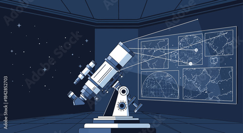 A captivating scene unfolds with a telescope pointed towards celestial charts and the night sky