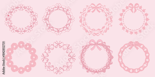 Collection of delicate pink floral wreaths and lace frames on a pink background