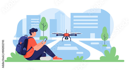 A young man operating a drone with his smartphone in a modern city environment with soft colors