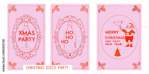 Vintage christmas decorations with festive bottle and santa claus illustrations