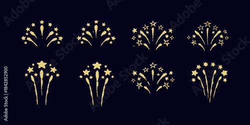Golden firework displays and sparkling starbursts on a dark background