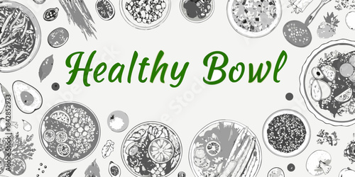 A variety of healthy food bowls and ingredients in a sketch style