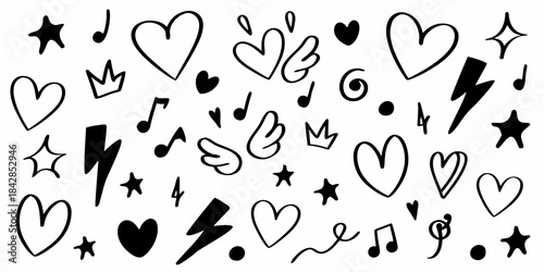 Black and white doodle pattern featuring hearts stars music notes and lightning bolts