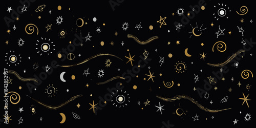 A whimsical hand drawn pattern of celestial bodies and golden strokes on black