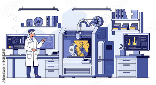 Advanced 3D printing technology lab showcasing scientist, intricate design, and sophisticated