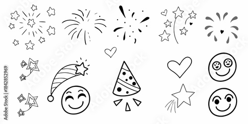 Celebratory doodles featuring fireworks party hats hearts and happy smiling faces