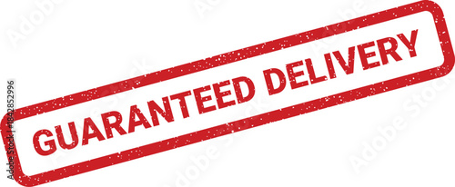 Distressed red rubber stamp with an assurance of delivery printed on a service label symbol