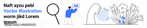 Man analyzing data on a digital chart, hand watering flowers, and a magnifying glass. Ideal for education, research, growth, data analysis, environment, sustainability simple landing page