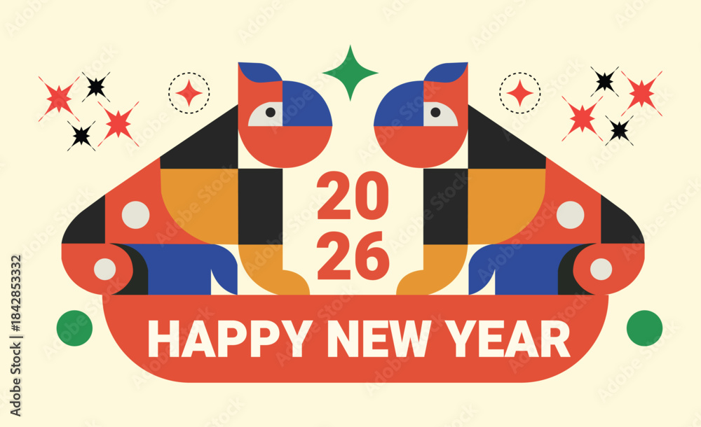 Fototapeta premium Stylized dogs and new year 2026 greetings with geometric shapes and vibrant colors