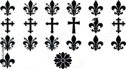 Fleur-de-lis icons, cross symbols, black silhouette, heraldic vector, decorative emblem, religious design, floral motif, vintage style, illustration, gridFleur-de-lis icons, cross symbols,