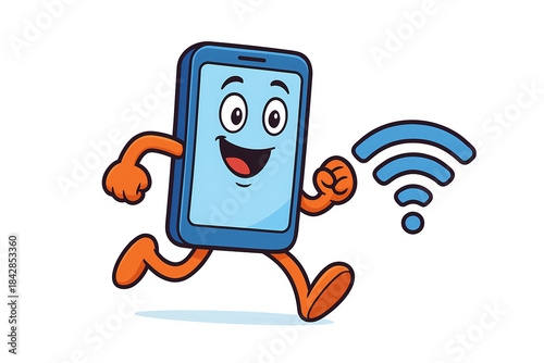 A cell phone with arms and legs chasing a Wi-Fi signal in cartoon style on a white background.