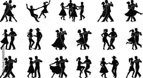 Dancing couples, partner dance, silhouette icons, black vector, ballroom pose, Latin movement, cultural style, choreography, performance, illustrationDancing couples, partner dance, silhouette icons