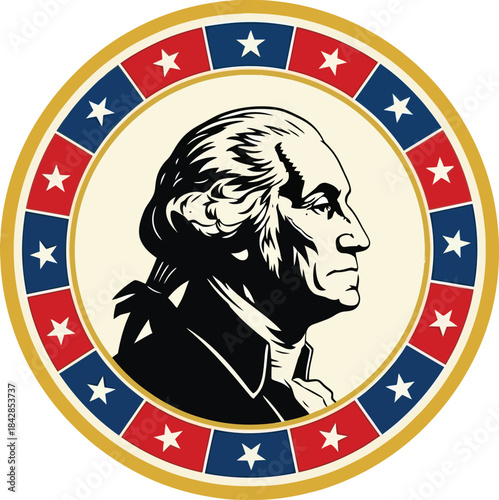 Vintage circular emblem featuring a profile portrait of thomas jefferson surrounded by a patriotic red white and blue border design isolated on white background
