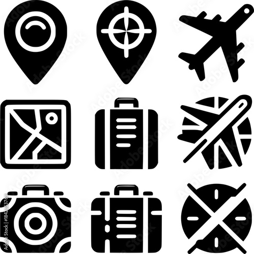 Travel Icons Collection: A curated collection of travel icons, perfect for representing journeys, destinations, and navigational elements. The image features a plane, luggage, maps, and location pins.