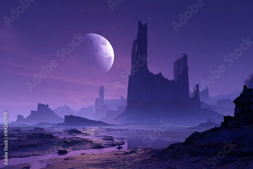 alien ruins on a desert moon under a glowing purple sky