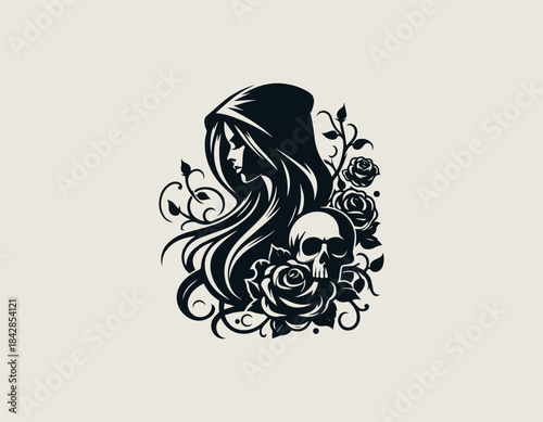 Melancholy hooded woman silhouette framed by macabre gothic skulls and beautiful blooming roses. Dark aesthetics concept