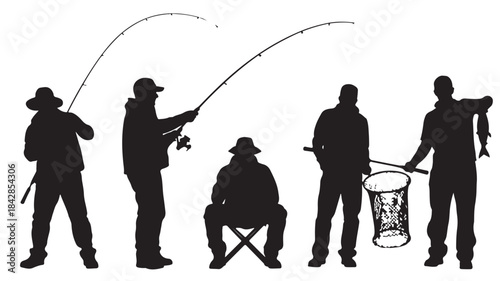 Fishermen Silhouettes Fishing on White Background