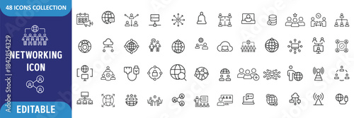Networking icon set. Containing network, connections, relationship, online networking, community, events, social network and more. Outline Icon Collection. Vector illustration
