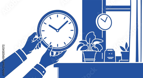 Hands adjusting a wall clock above a desk with a plant and window view symbolizing time management and productivity in an office setting isolated on white background