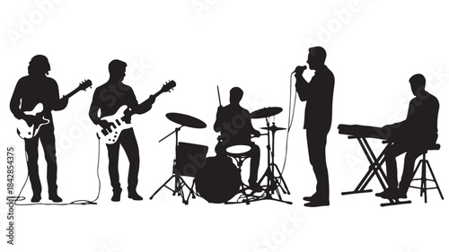 Band Performing on Stage with Musicians Playing Instruments Isolated on White