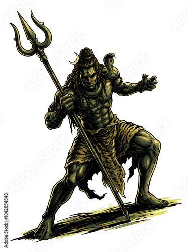 Illustration of a powerful Hindu deity holding a trident in a dynamic stance with a dark and mystical mood against a clean white background.