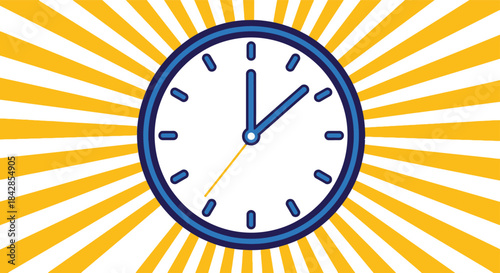 Analog clock face with rays of light graphic representing time passing and urgency isolated on white background