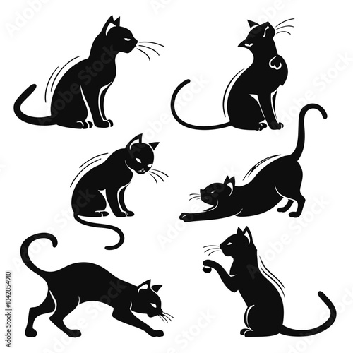 “Cute cat silhouettes set — 8 poses, smooth curves, high-contrast black shapes, scalable SVG, transparent background.”