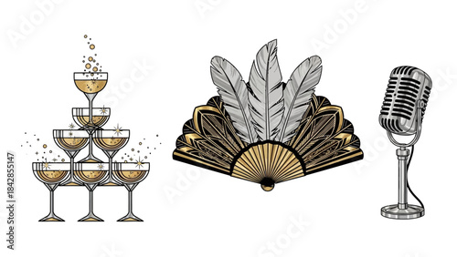 Glamorous Gatsby party vector elements with champagne tower, feather fan, and microphone for vintage design