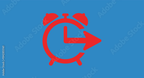 Red alarm clock icon with a fast forward arrow symbolizing urgency efficiency time management and speed against a blue background isolated on white background