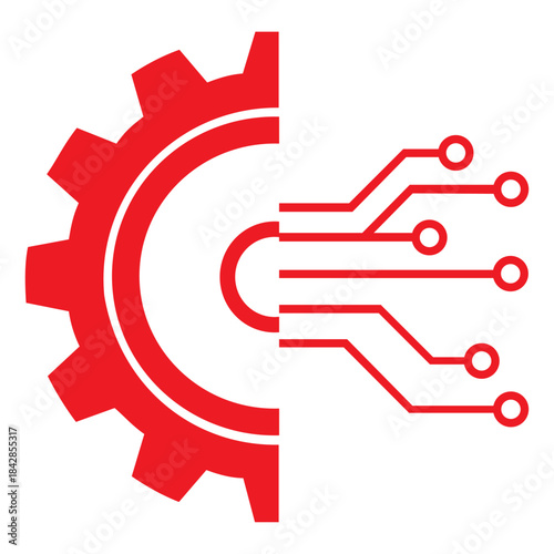 Red gear and circuit board icon merged for technology and engineering concept