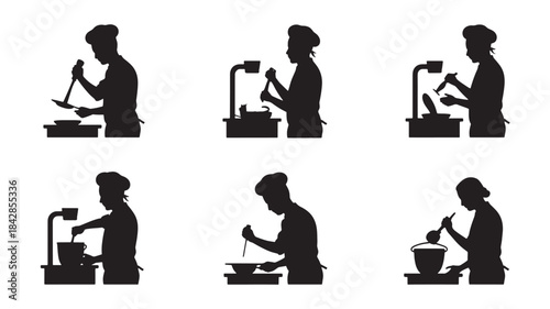 Silhouette icons of chefs cooking and preparing food in kitchen, black vector illustrations