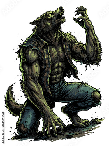 A muscular werewolf in a ripped plaid shirt and jeans crouches on a white background with its mouth open and claws raised.