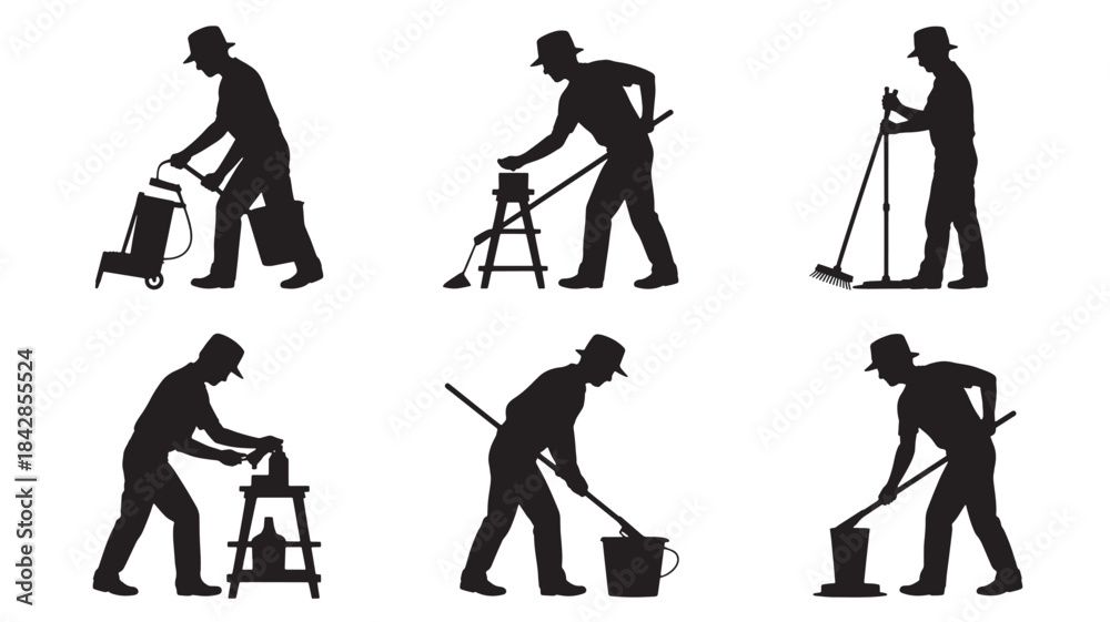 Naklejka premium Worker Silhouettes Cleaning with Various Tools and Equipment