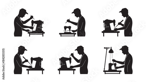 Silhouette of Man Working on Sewing Machine in Factory, Industrial Setting