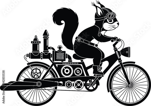 Whimsical steampunk squirrel riding a vintage bicycle with intricate mechanical details and gears isolated on white background