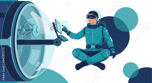 Astronaut operating technology inside a spaceship, exploring virtual reality interface and