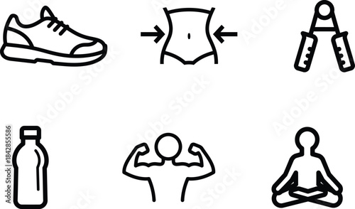 A comprehensive collection of diverse black line art health fitness and wellness icons illustrating exercise diet strength and mindfulness activities for healthy living