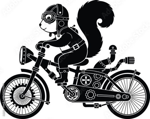 Whimsical cartoon skunk character riding a vintage motorcycle adventurous journey fast speed action graphic design isolated on white background
